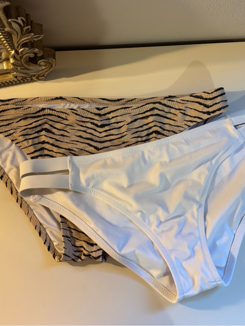 Shade & Shore White Bikini Bottoms and Beige Tiger Print pair